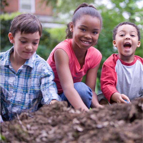1 girl in between 2 boys all digging in the garden and smiling
