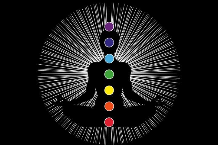 black background with outline of person in lotus position with 7 vertical coloured dots showing the chakra positions