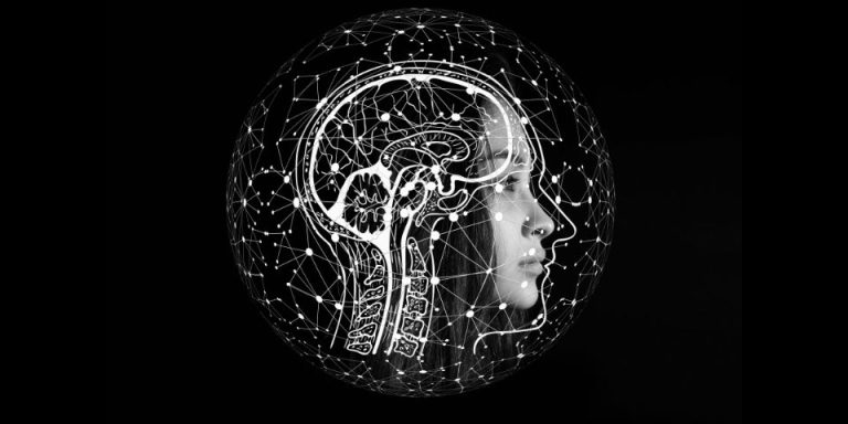 lady's side view of head with digital white overlay of brain structure on black background