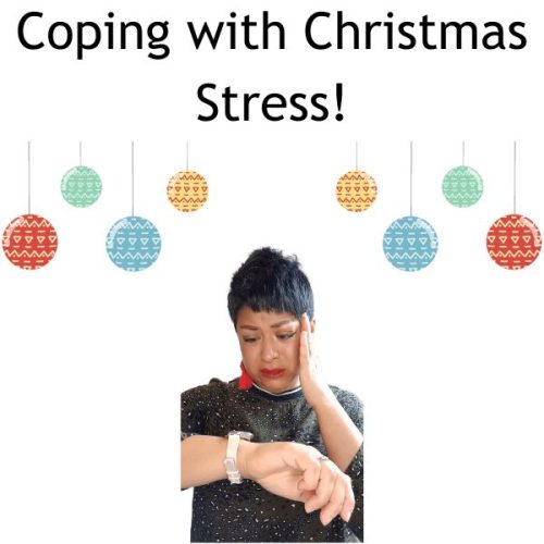 Text reads Coping with christmas stress with image of Neela looking worried and with christmas baubles hanging overhead